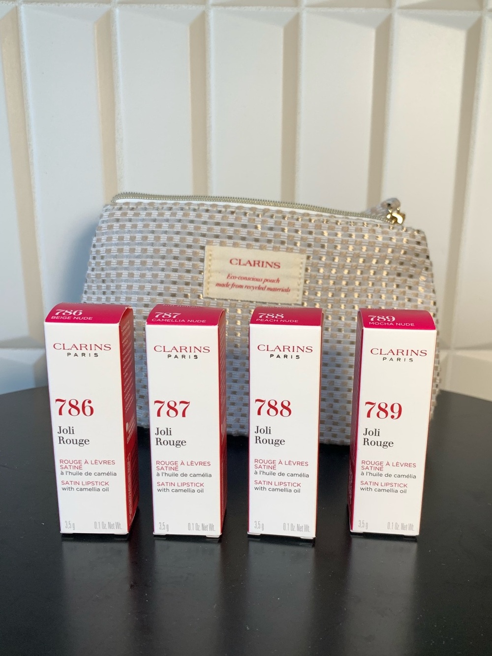 New 4 Clarins Joli Rouge Satin Refillable Lipsricks Set (full size) + Makeup Bag